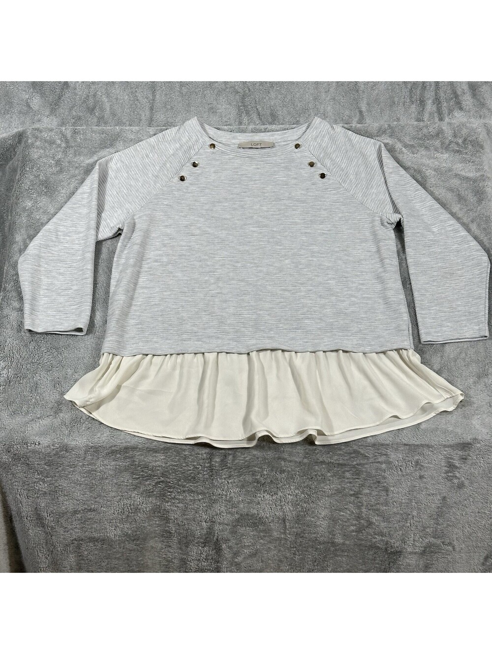 LOFT Women’s L Mixed Media Sweater Grey Knit Gold Button Peplum Ruffle Hem Top